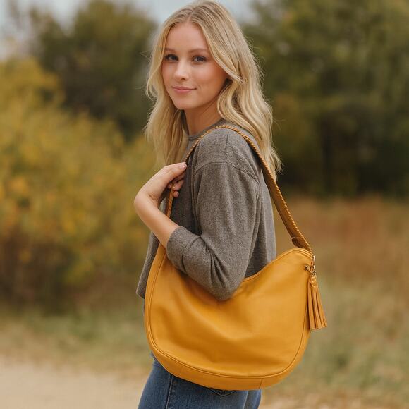 Michael Kors Warm Tan Boho Leather Shoulder Bag with Braided Detail - Picture 1 of 5